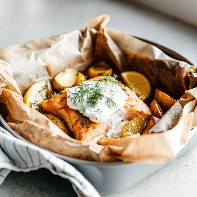 Parchment Baked Lemon Salmon and Potatoes with Dill Yogurt