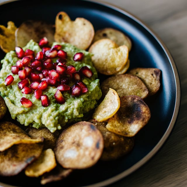 Pomegranate Guacamole with Fried Plantain Chips.