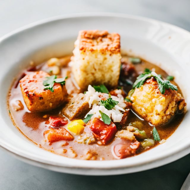 Quick Gumbo with Grilled Corn Grits + Smoky Chilied Brown Butter.