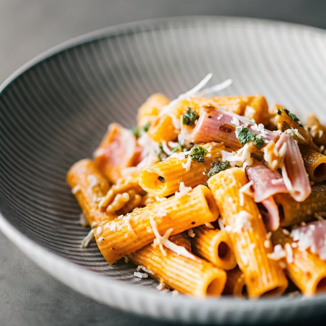 Quick Pumpkin Rigatoni with Candied Prosciutto and Walnuts