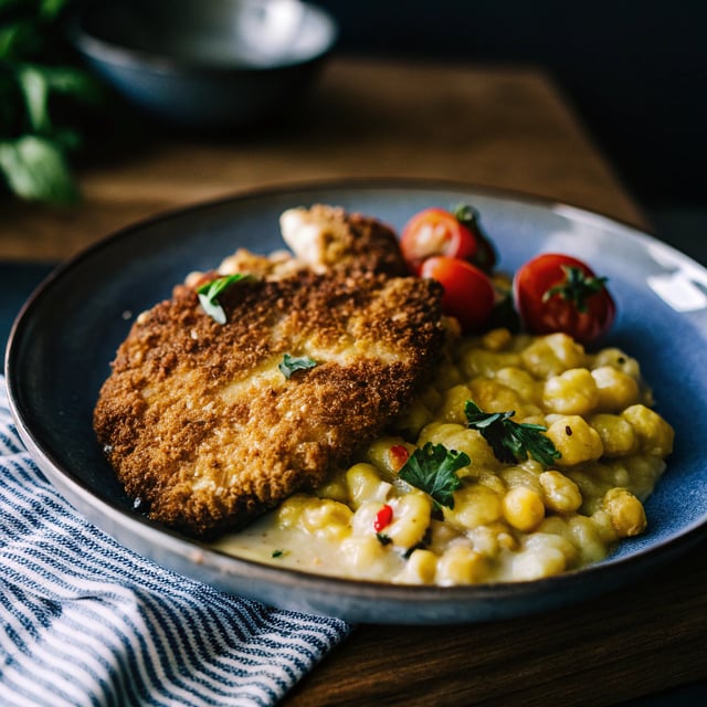 Quinoa Crusted Schnitzel with Creamed Corn Gnocchi.