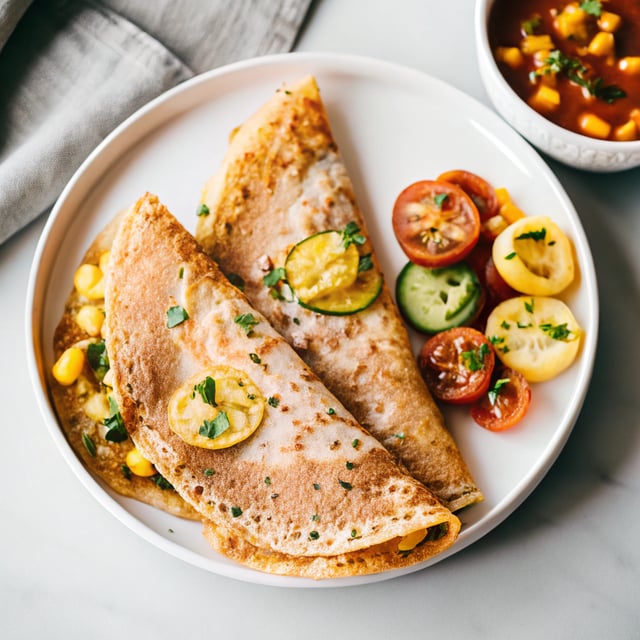 Rava Dosas (Indian Crepes) with Summer Squash + Tomato Chickpea Masala.