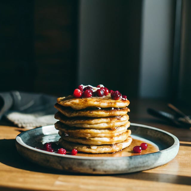 Rum and Cranberry Pancakes with Butter Rum Syrup.