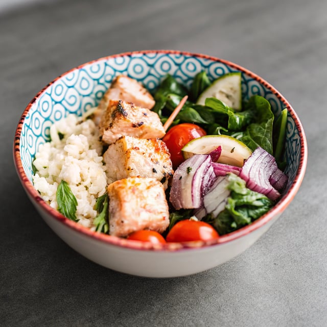 Salmon Souvlaki Bowls.
