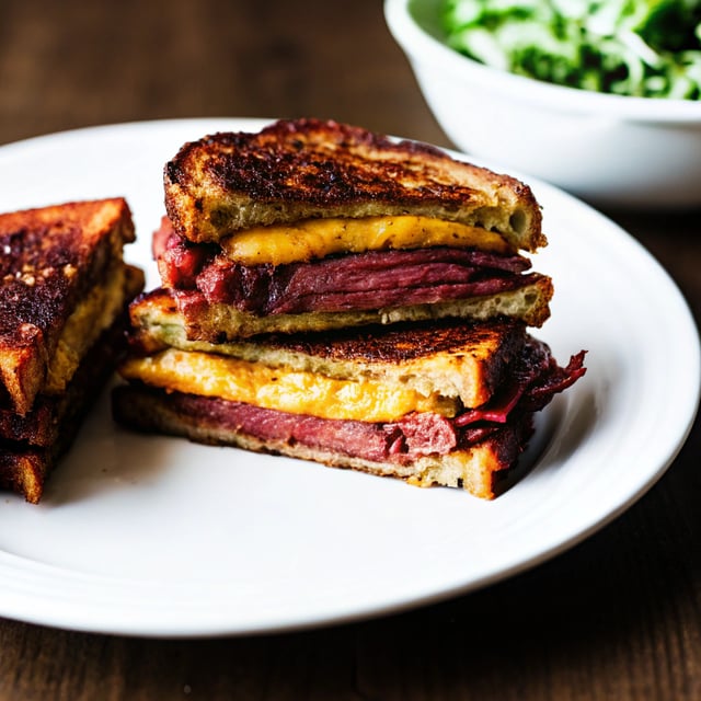 Savory Corn Beef Brisket + Irish Cheddar French Toast with Kale Pesto Slaw.