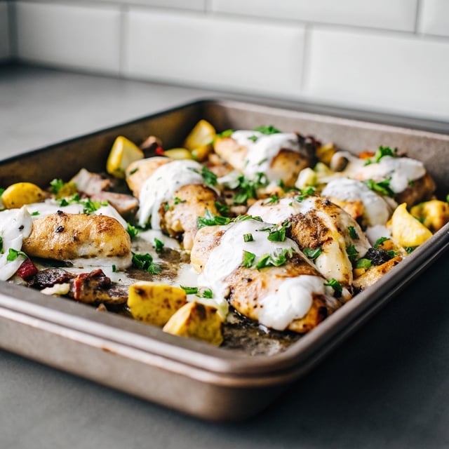 Sheet Pan Lemon Rosemary Dijon Chicken with Feta Goddess Sauce