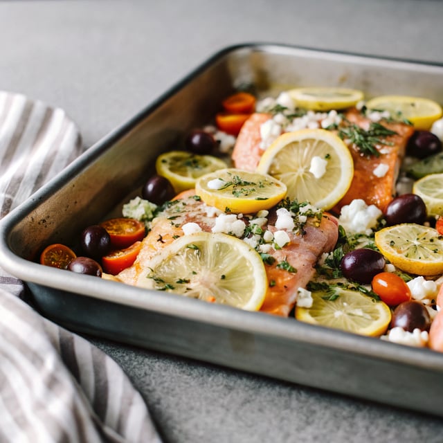 Sheet Pan Roasted Lemon Garlic Butter Salmon with Feta and Olives