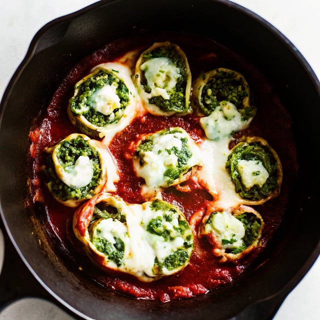 Simple Skillet Pesto Cheese Lasagna Roll Ups.