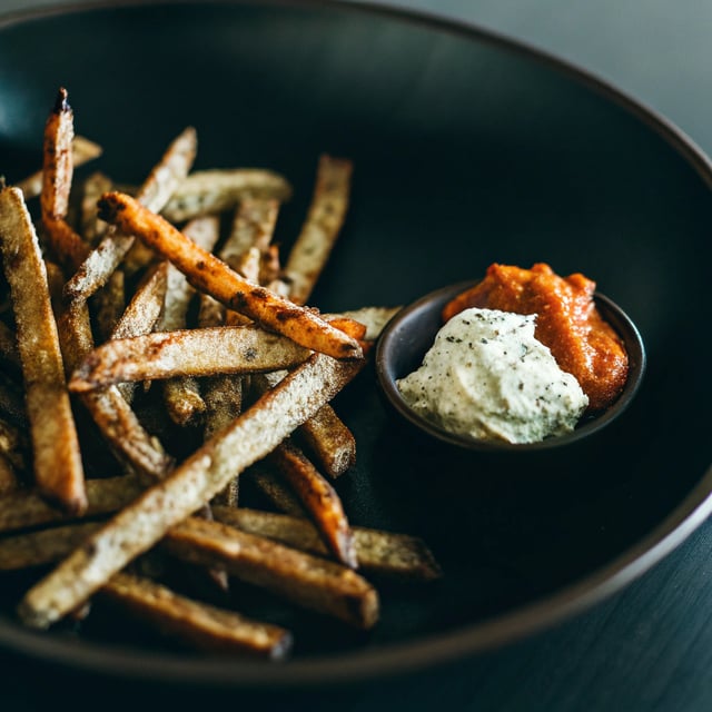 Skinny Tandoori Butter Sweet Potato Fries w/Creamy Baked Harissa Feta.