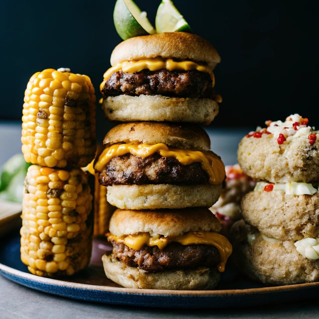 Smoky Chipotle Cheddar Burgers with Mexican Street Corn Fritters.
