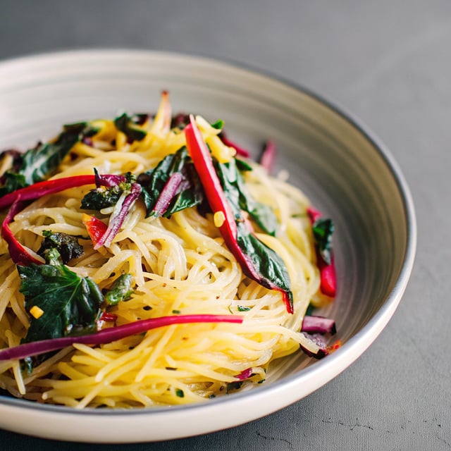 Spaghetti Squash Aglio E Olio with Rainbow Chard.