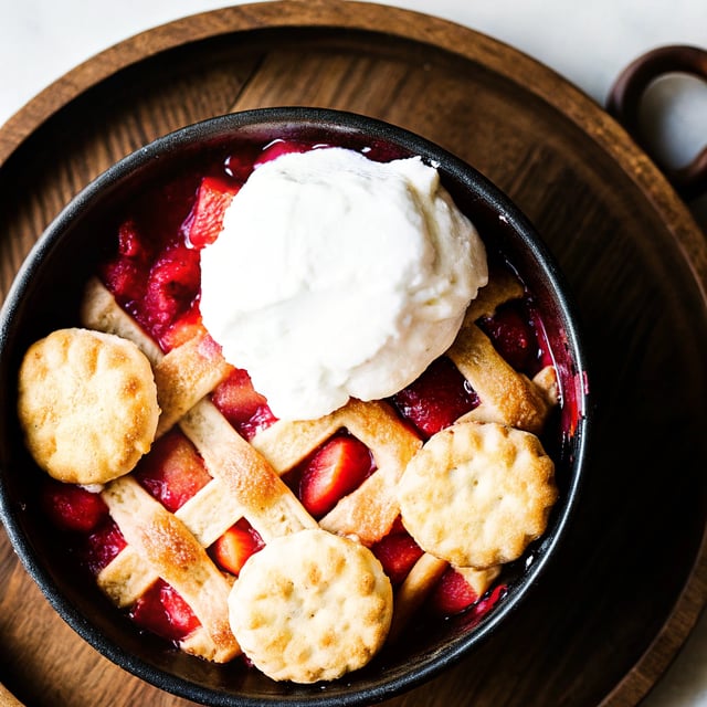 Strawberry Rhubarb Cobbler with Honey Butter Biscuits.