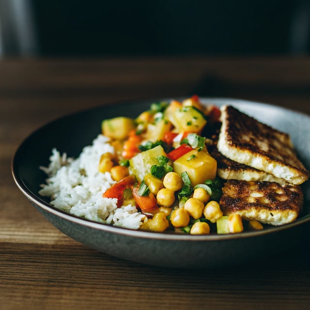 Summer Coconut Chickpea Curry with Rice and Fried Halloumi.