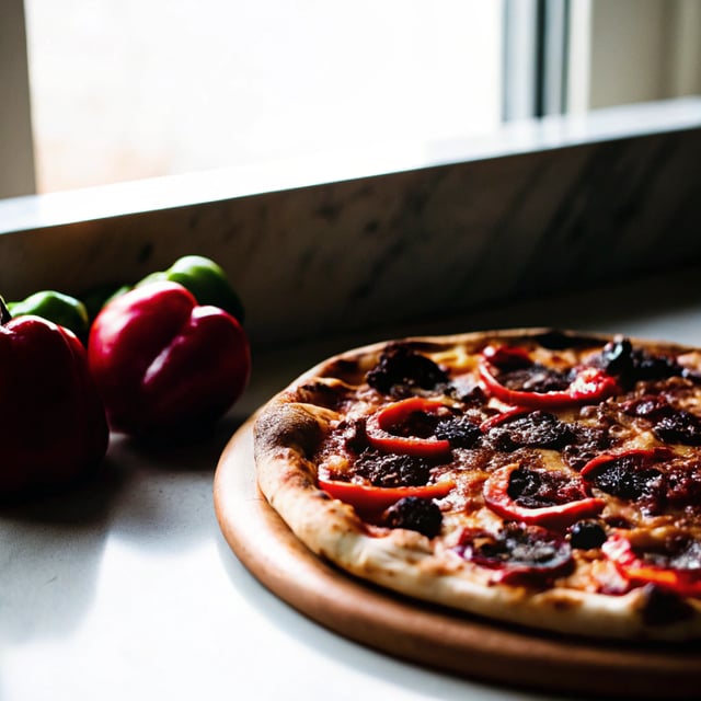 Sun-Dried Tomato and Olive Pesto Pizza with Salami + Roasted Red Peppers.