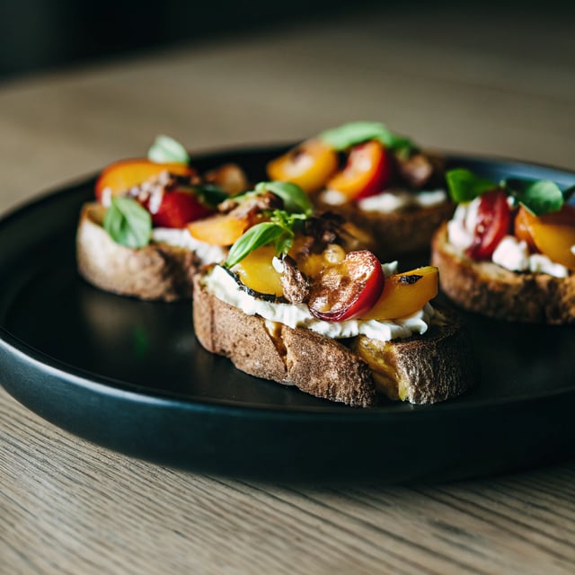 Tomato Peach Crostini with Hot Bacon Dressing