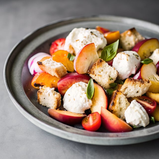 Tuscan Summer Stone Fruit, Tomato, and Burrata Panzanella Salad