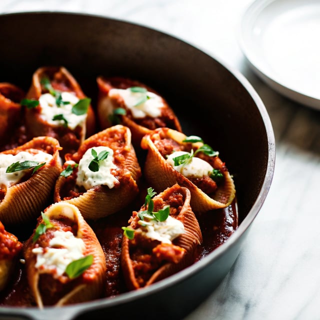 Unstuffed Spicy Tomato Basil Shells with Whipped Ricotta.