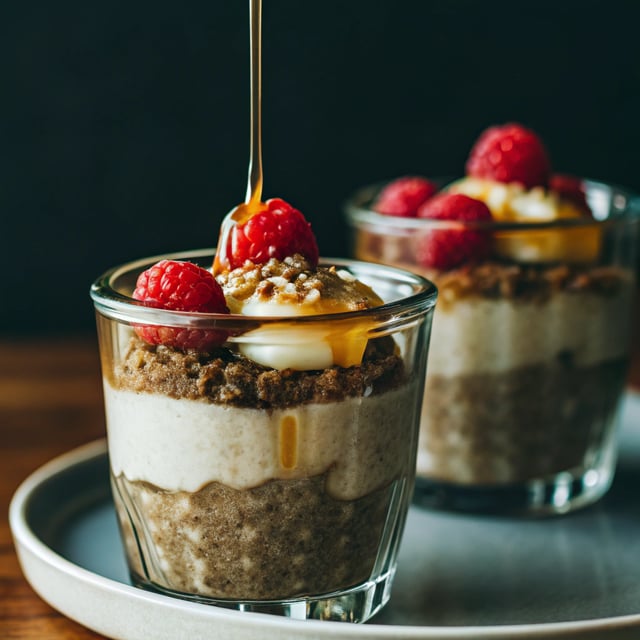 Vanilla Bean Coconut Quinoa Pudding with Honey Drizzled Raspberries.