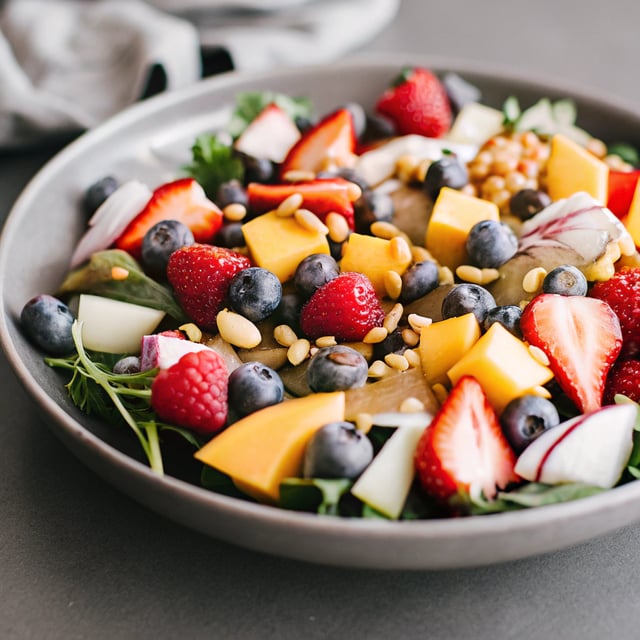 Very Berry Dream Salad with Chili Mango and Peanut Vinaigrette.