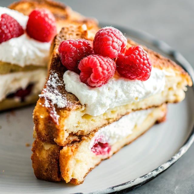 Whipped Cream Cheese Stuffed French Toast with Raspberries.