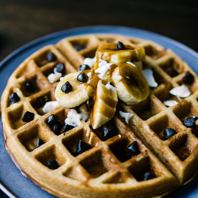 Whole Wheat Belgian Chocolate Chip Waffles with Coconut Caramelized Bananas.