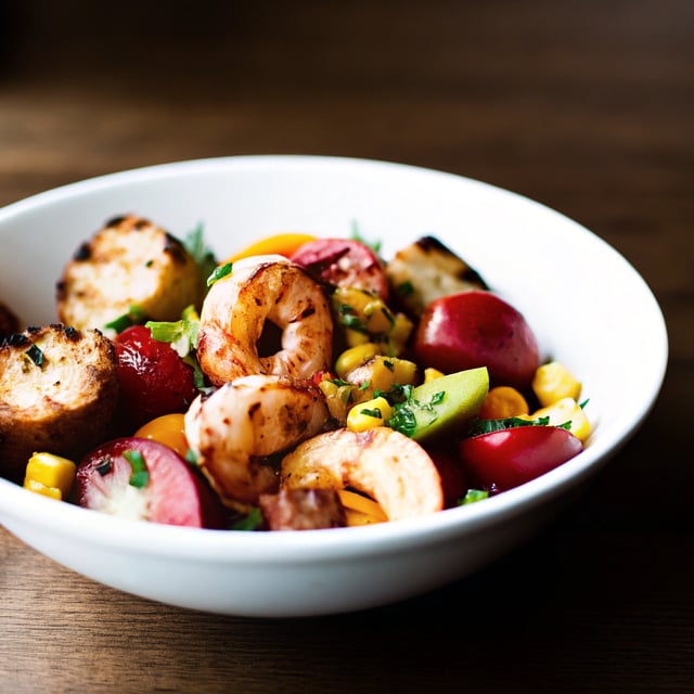 Zesty Grilled Shrimp, Bread and Sweet Peach Salad with Avocado Vinaigrette