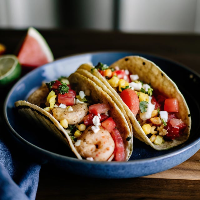 Zesty Grilled Shrimp Tacos with South of the Border Corn and Cotija Salsa.