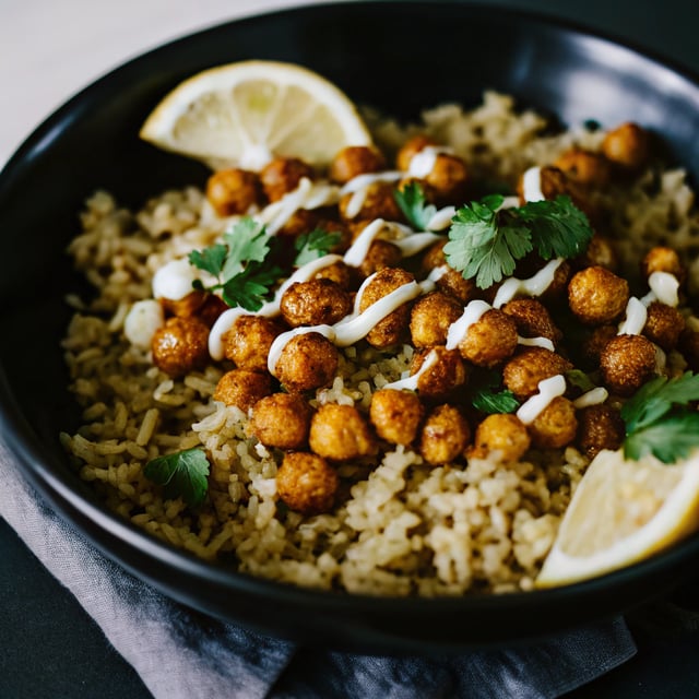 Coconut Ginger Rice with Spicy Turkish Roasted Chickpeas & Garlic Yogurt Drizzle (Gluten-Free, Vegan Option)