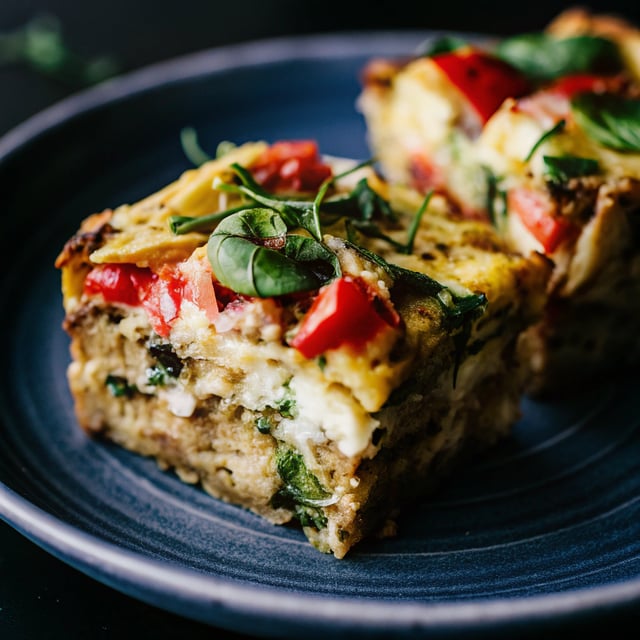 Gluten-Free Breakfast Strata with Cheese, Spinach and Bell Peppers