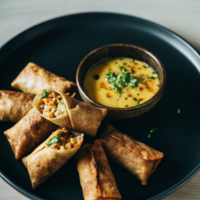 Pan Fried Red Lentil Spring Rolls + Lemon-Ginger Tahini Dipping Sauce