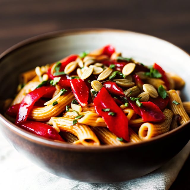Spicy Roasted Red Pepper & Chipotle Pumpkin Seed Pasta Bowl (Vegan, Gluten-Free)