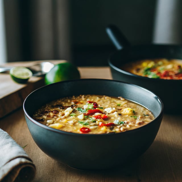 Spicy Southwestern Vegan Corn Chowder with Quinoa, Potatoes + Red Lentils