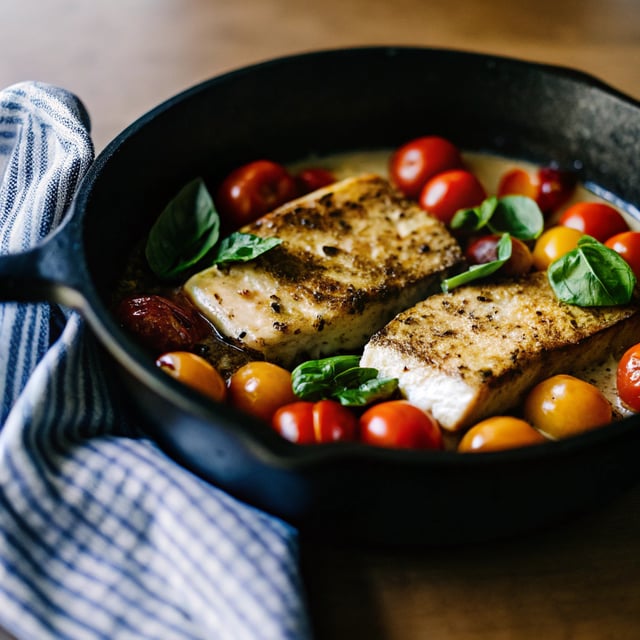 Pan-Seared Halibut with Cherry Tomatoes & Basil
