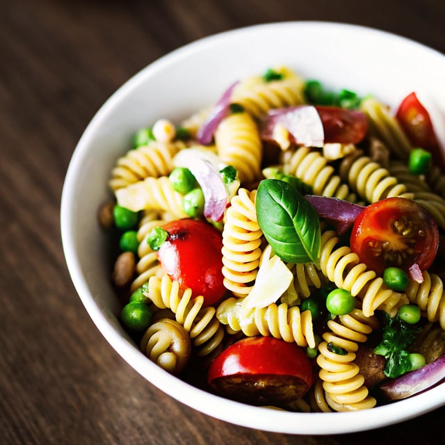 Pesto Pasta Salad with Peas, Pine Nuts & Mozzarella Pearls