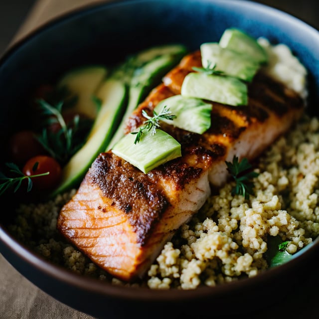 Roasted Salmon Quinoa Bowls with Avocado, Cucumber & Green Goddess Dressing