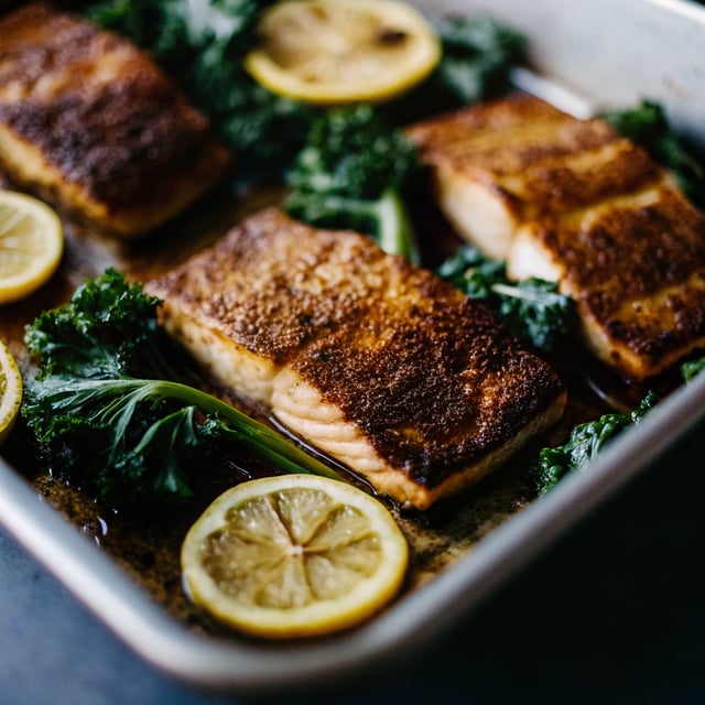 Sheet Pan Blackened Salmon with Garlicky Kale