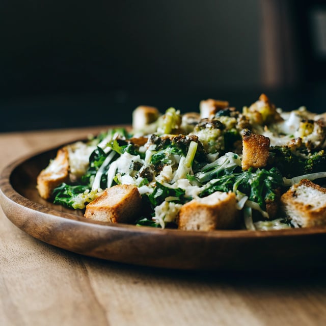 Brussels & Kale Caesar with Cheezy Garlic Croutons