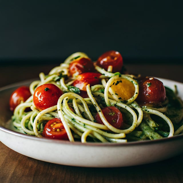 Burst Tomato and Zucchini Spaghetti with Avocado Sauce