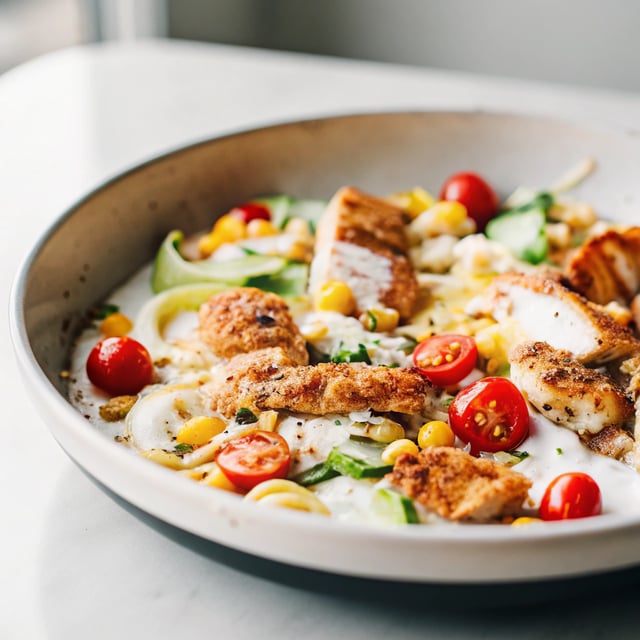 Burst Tomato Pappardelle with Zucchini, Sweet Corn, and Pan-Fried Chicken