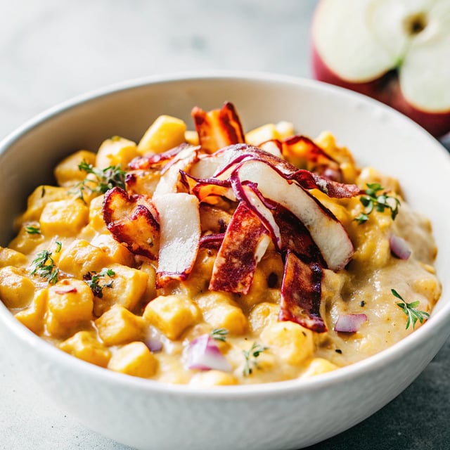 Butternut Squash Mac and Cheese with Caramelized Onions, Bacon, and Apple