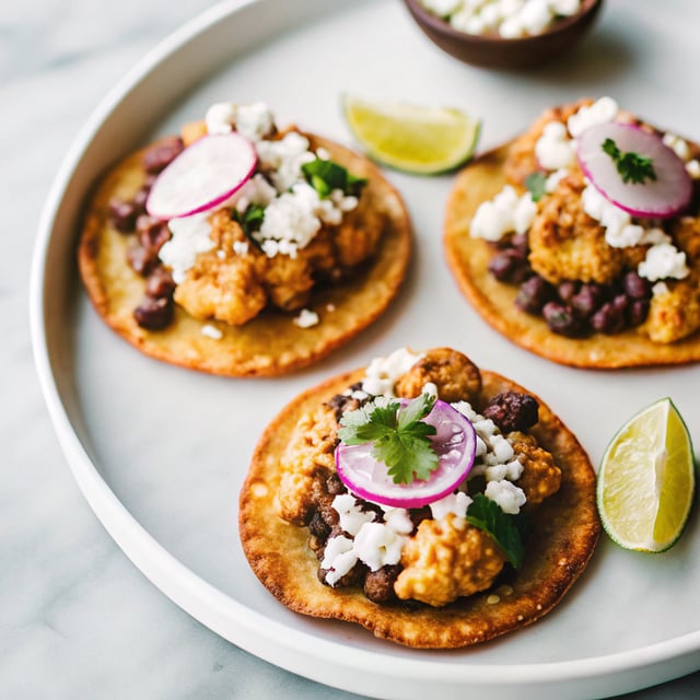 Cauliflower Black Bean Tostadas with Queso and Pickled Onion