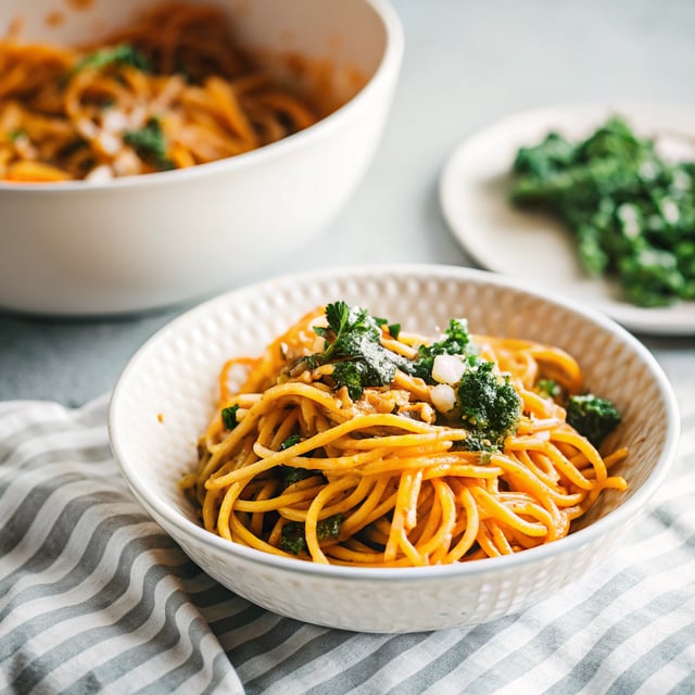 Creamy Pumpkin Spaghetti with Garlic Kale