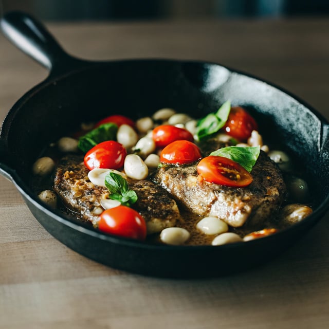 Garlic Basil Barramundi Skillet with Tomato Butter Sauce