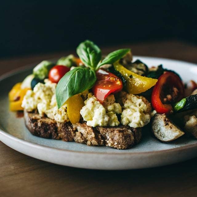Goat Cheese Scrambled Eggs with Pesto Veggies