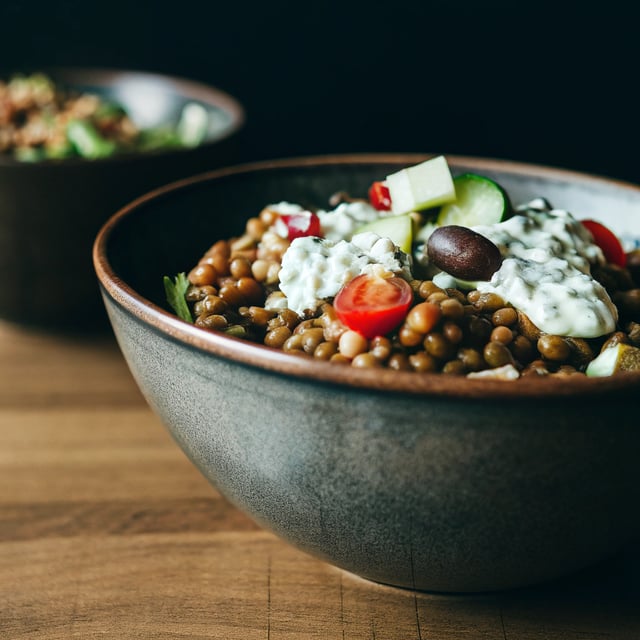 Lentil Greek Salad with Dill Sauce