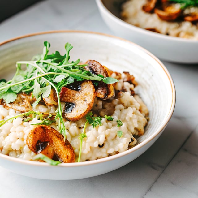 Oven Risotto with Garlic Roasted Mushrooms and Arugula