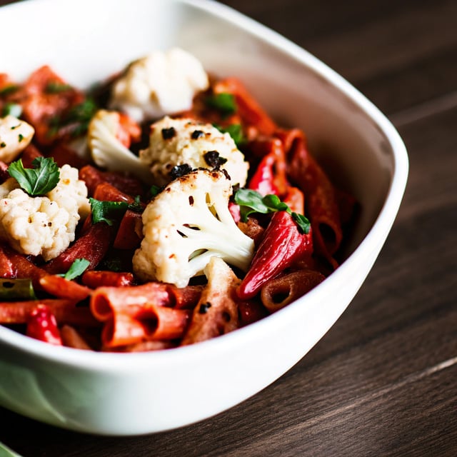 Red Pepper Cashew Pasta with Roasted Cauliflower