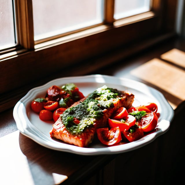 Salmon with Basil Sauce and Tomato Salad