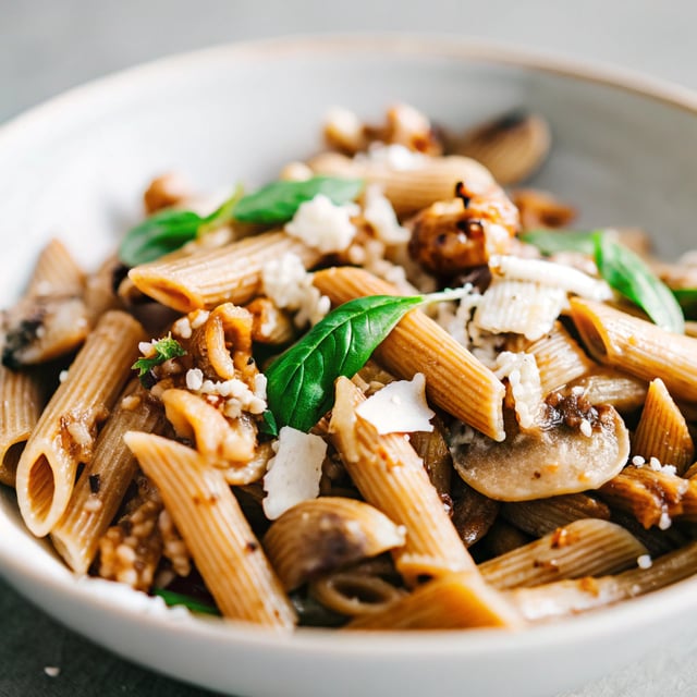 Simple Mushroom Penne with Walnut Pesto