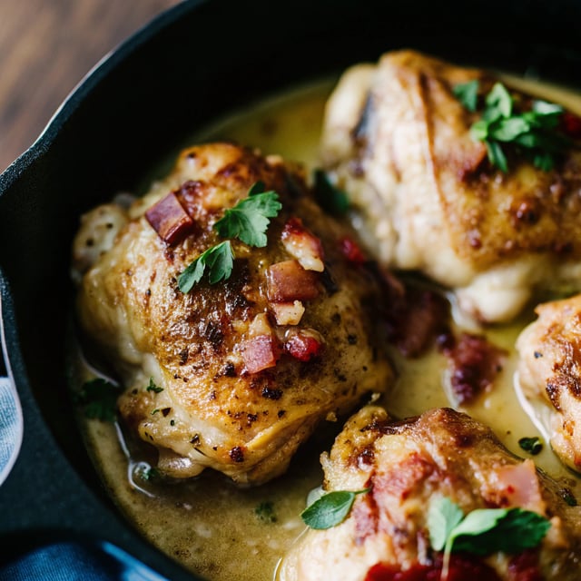 Skillet Chicken with Bacon and White Wine Sauce